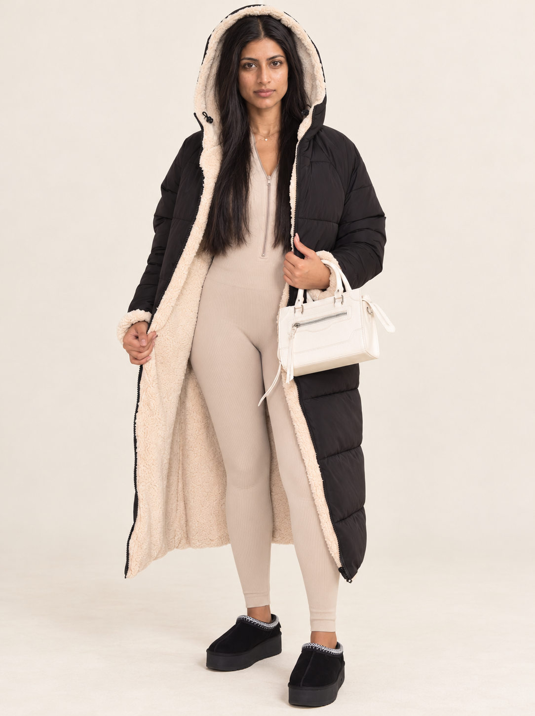 Maelle Reversible Puffer Coat | Women's Longline Hooded Winter Jacket