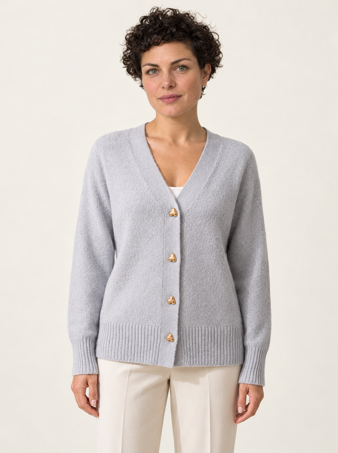 Mirela V-Neck Knit Cardigan | Women's Gold Heart-Button Sweater
