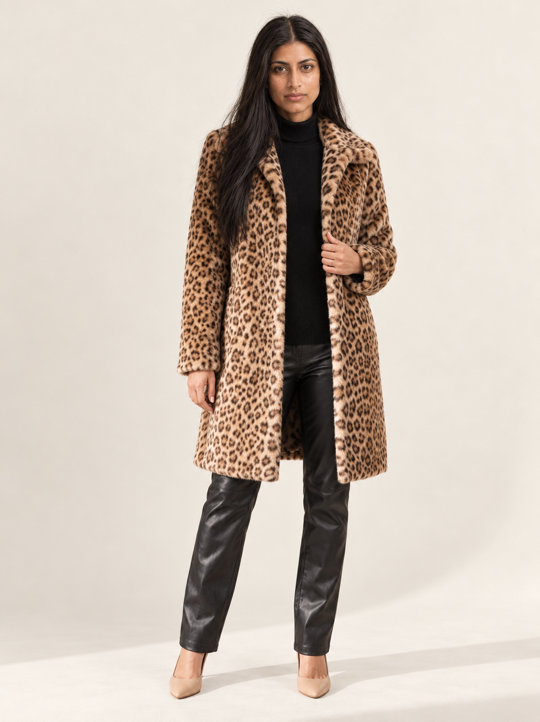 Soleil Leopard Print Faux Fur Coat | Women's Mid-Length Winter Jacket