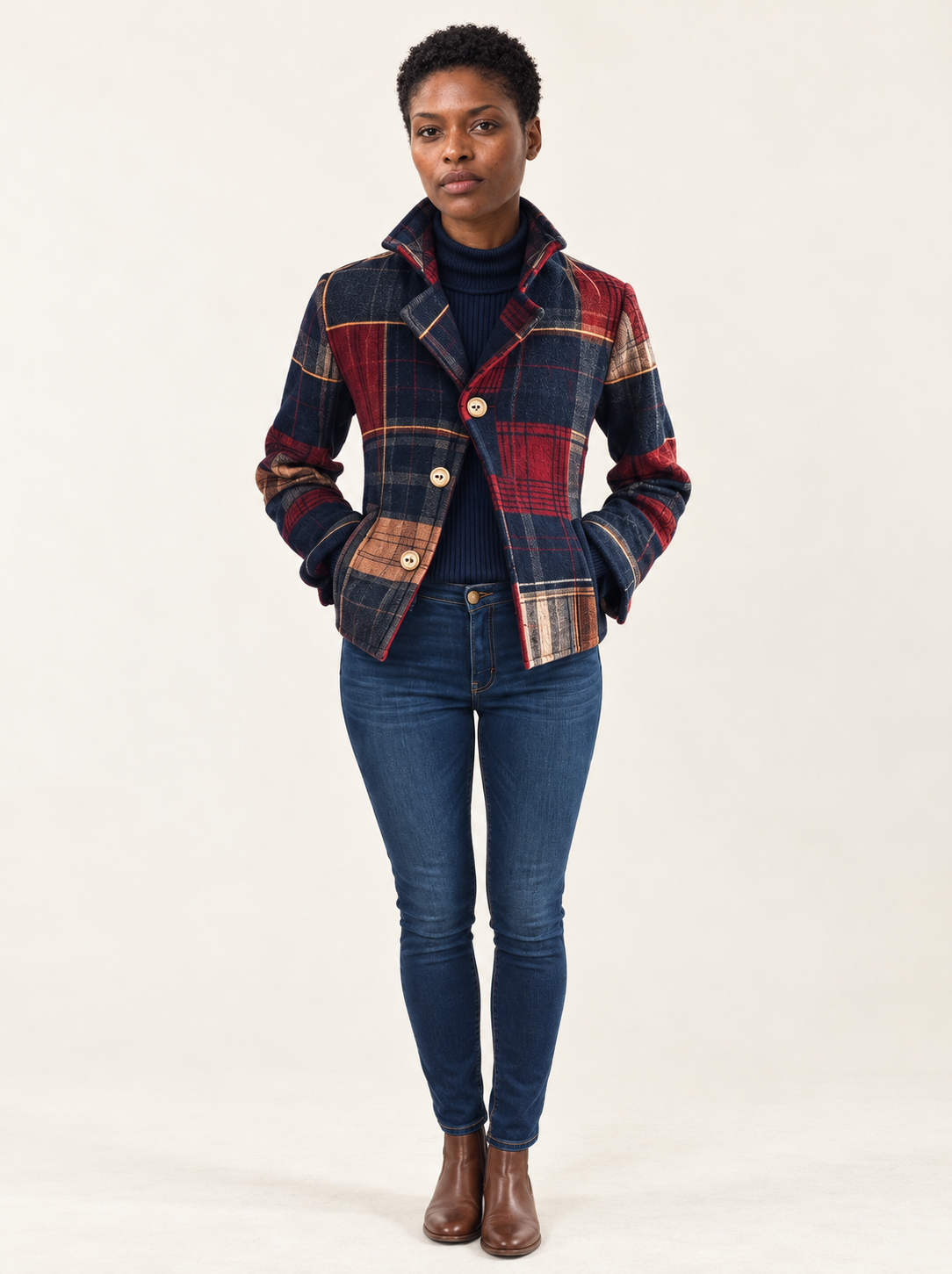 Signe Plaid Cropped Jacket | Women's Double-Button Winter Coat