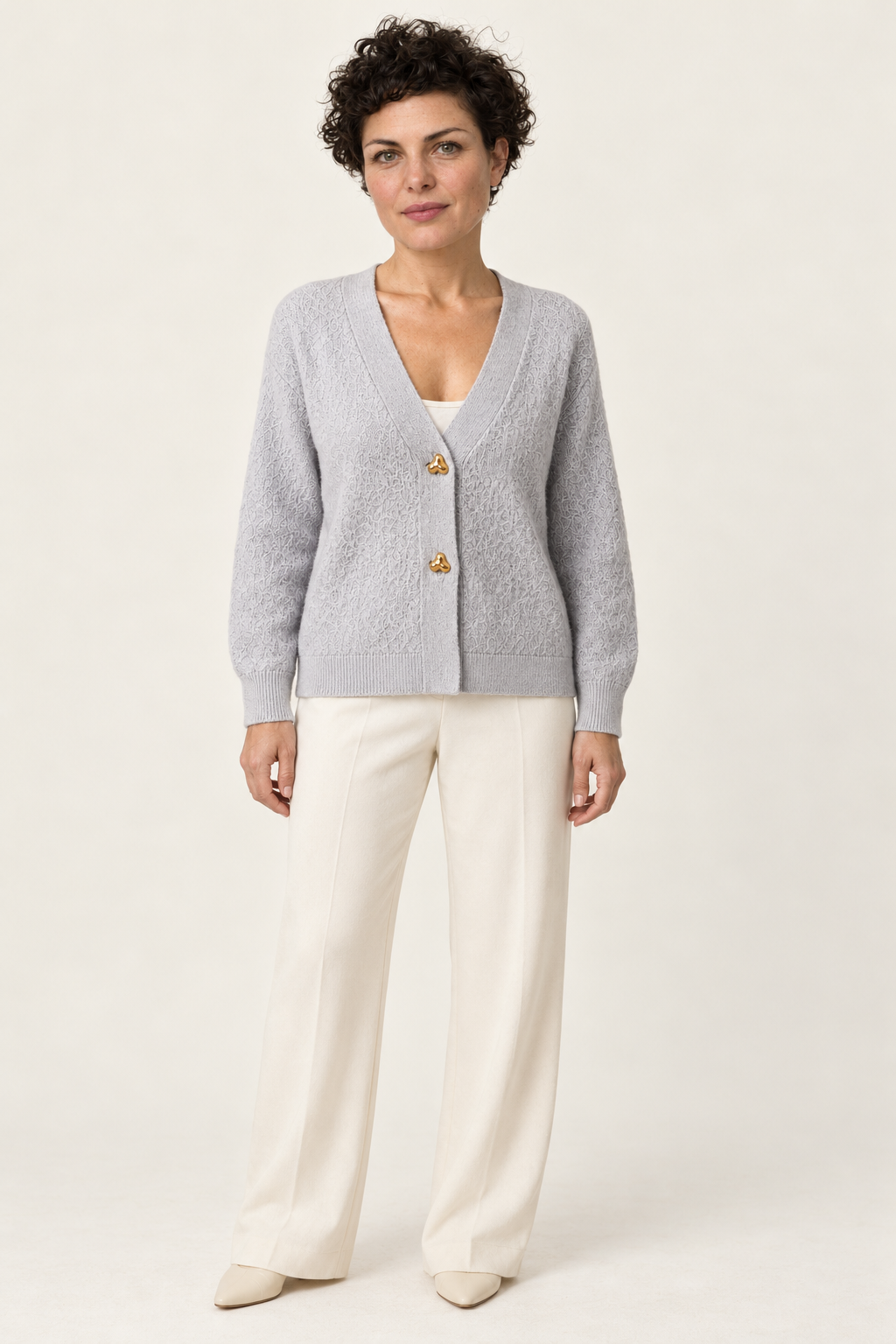 Mirela V-Neck Knit Cardigan | Women's Gold Heart-Button Sweater