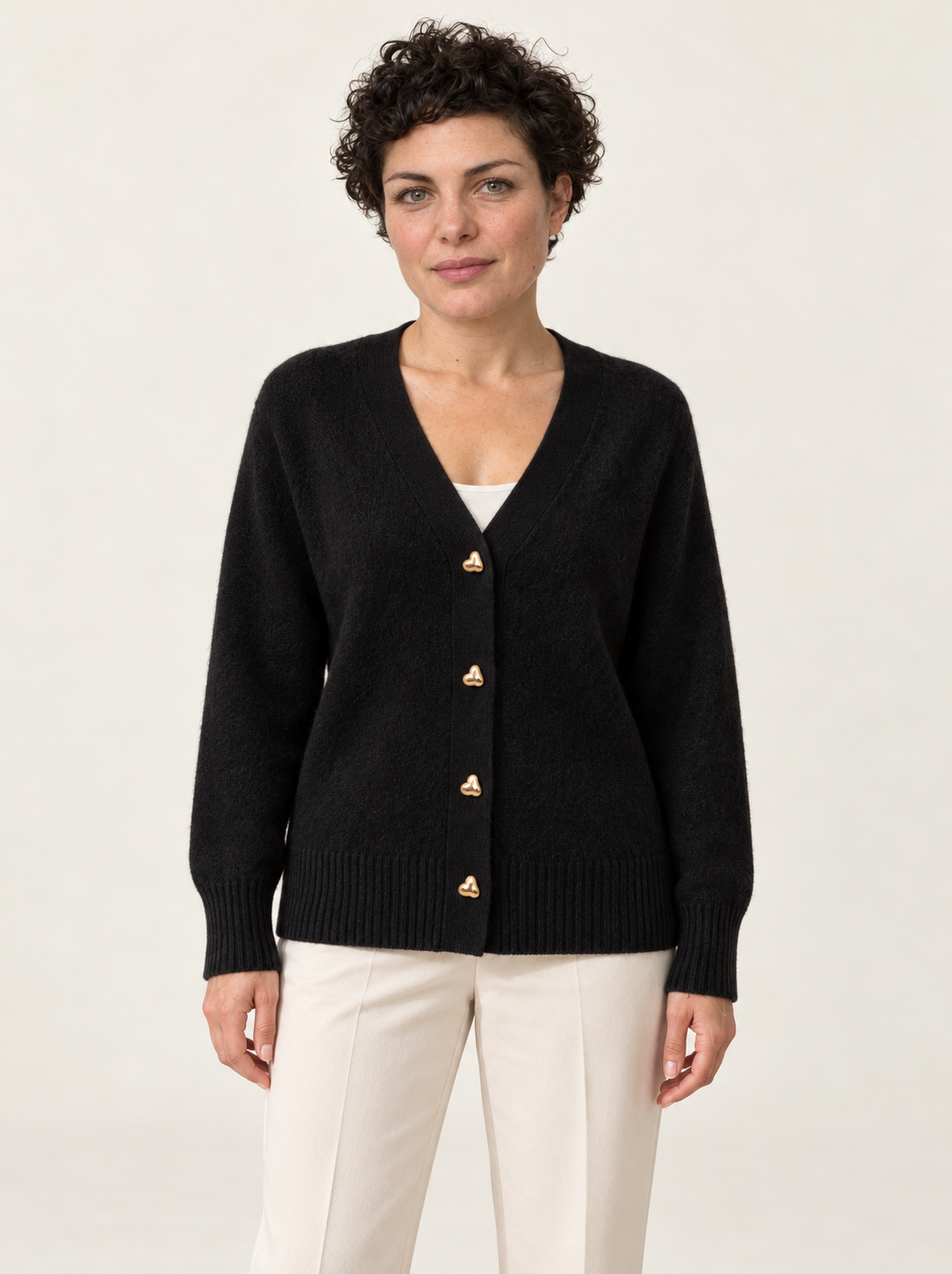Mirela V-Neck Knit Cardigan | Women's Gold Heart-Button Sweater