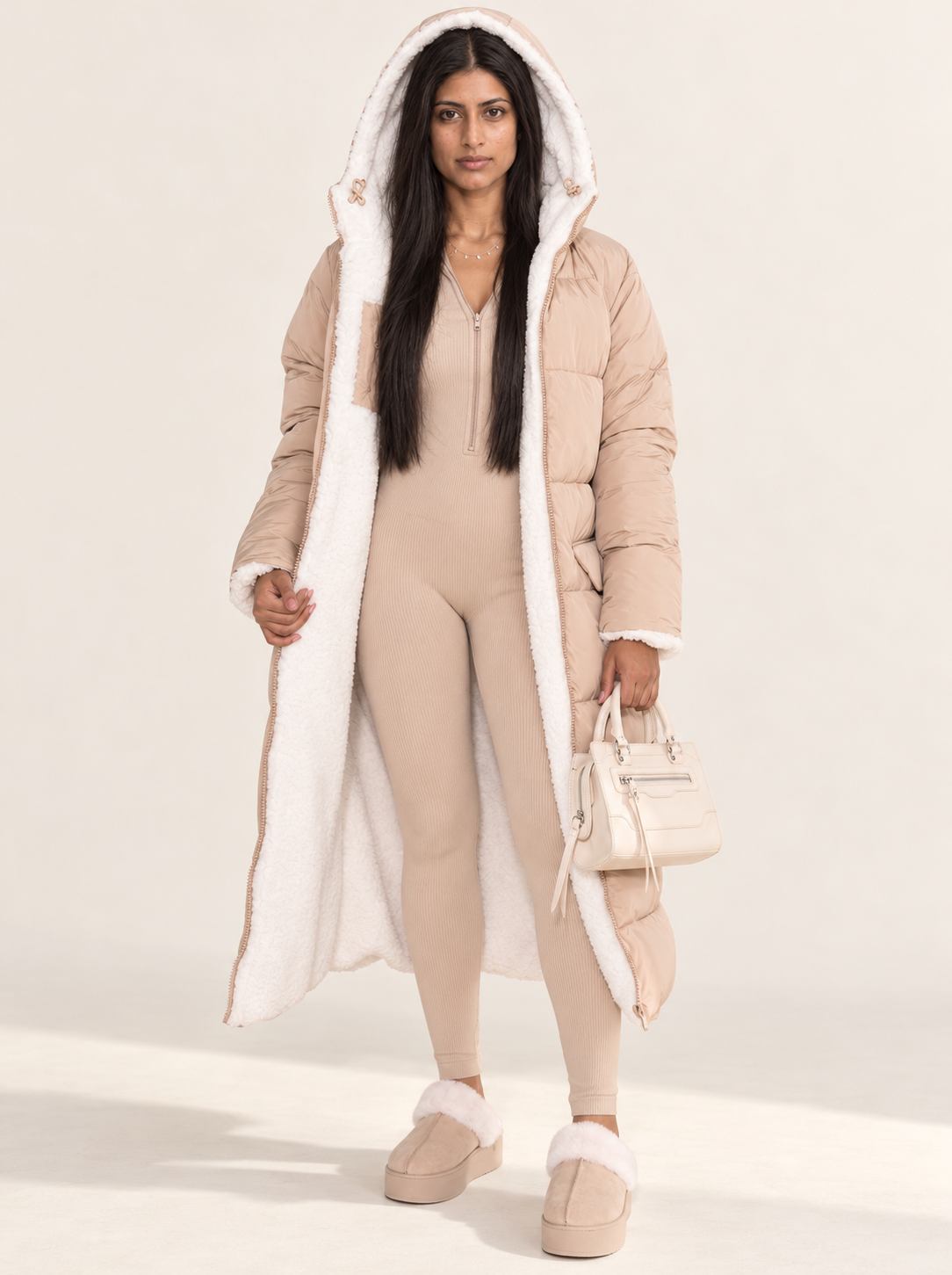 Maelle Reversible Puffer Coat | Women's Longline Hooded Winter Jacket