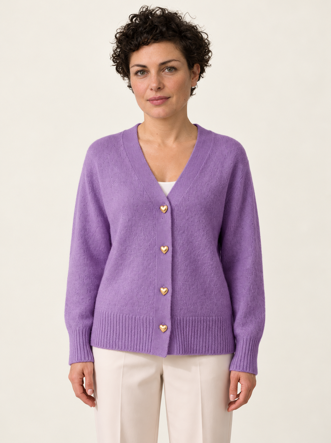 Mirela V-Neck Knit Cardigan | Women's Gold Heart-Button Sweater