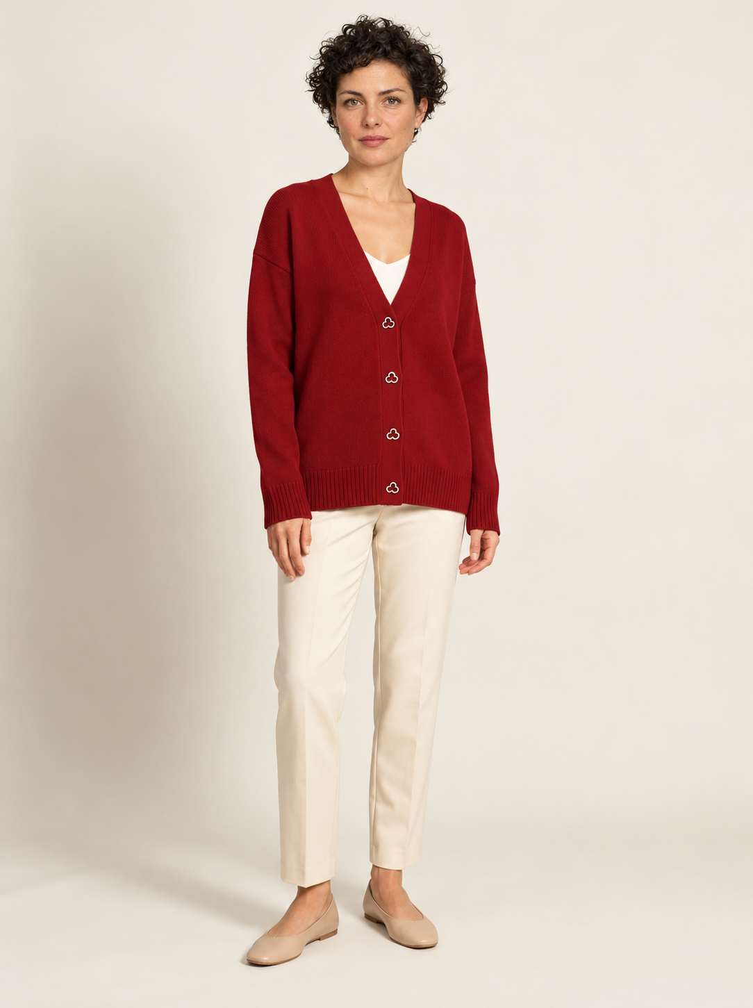 Mirela V-Neck Knit Cardigan | Women's Gold Heart-Button Sweater