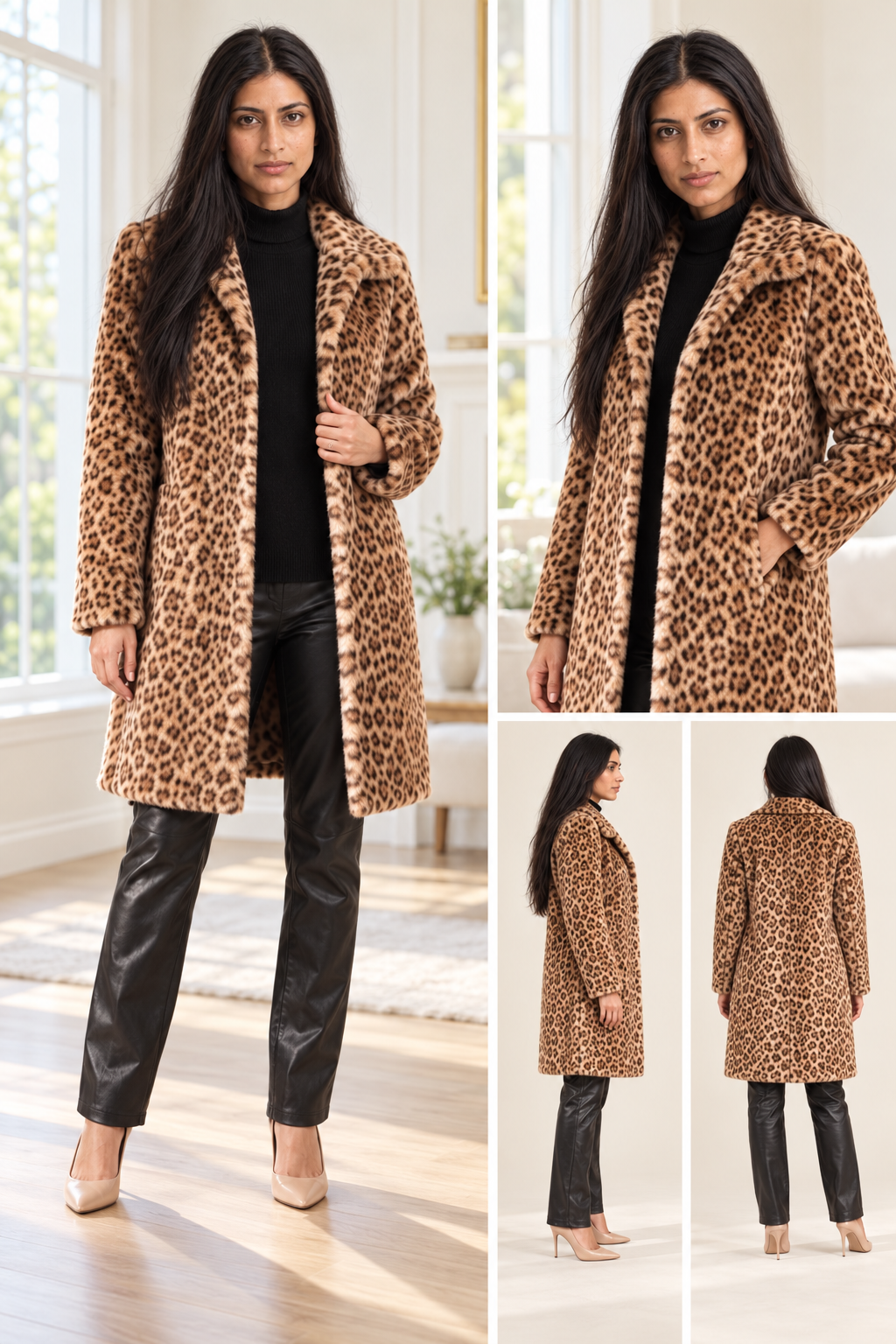 Soleil Leopard Print Faux Fur Coat | Women's Mid-Length Winter Jacket