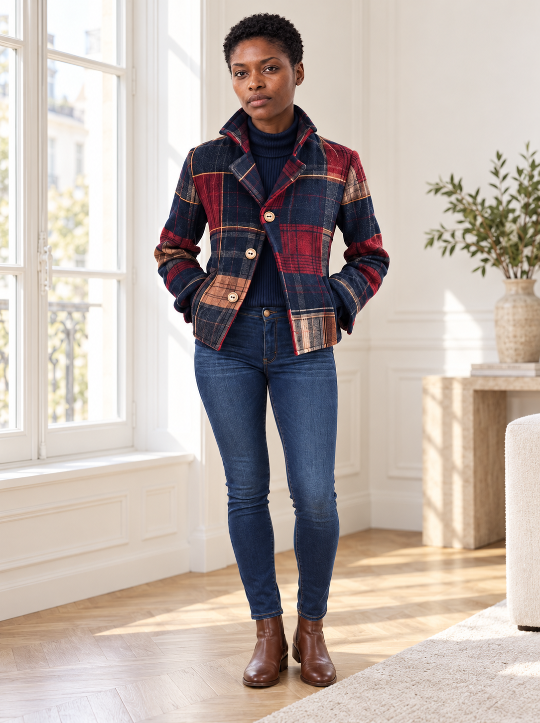 Signe Plaid Cropped Jacket | Women's Double-Button Winter Coat