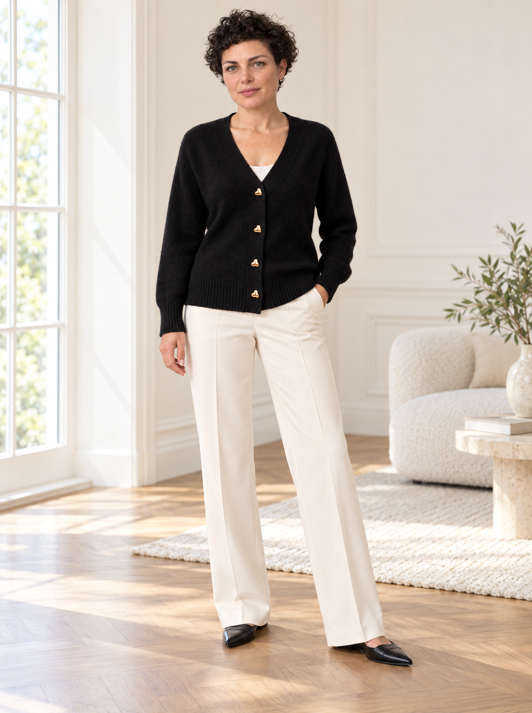 Mirela V-Neck Knit Cardigan | Women's Gold Heart-Button Sweater