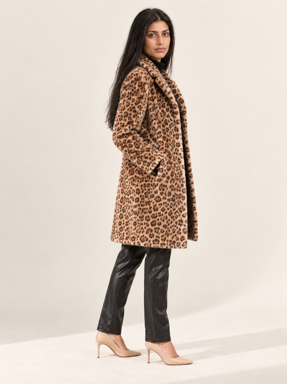 Soleil Leopard Print Faux Fur Coat | Women's Mid-Length Winter Jacket