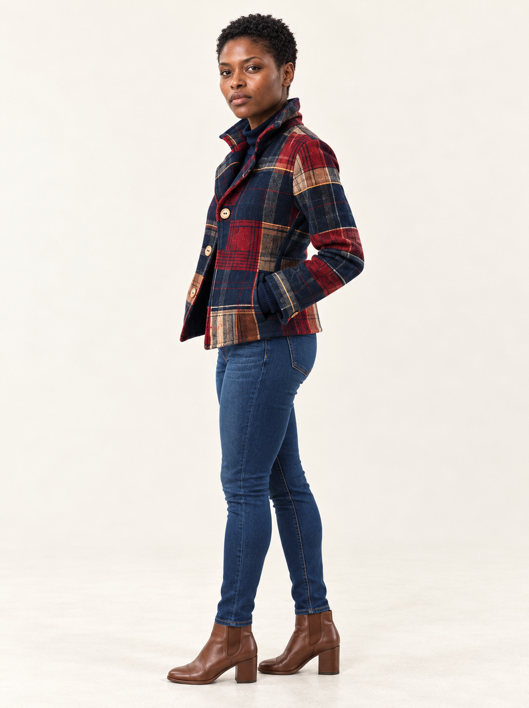 Signe Plaid Cropped Jacket | Women's Double-Button Winter Coat