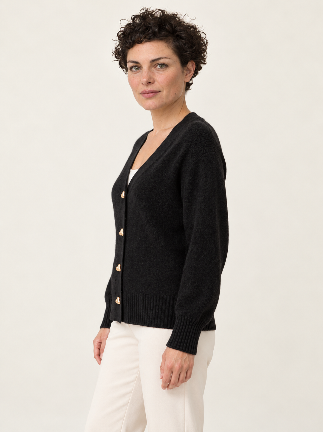 Mirela V-Neck Knit Cardigan | Women's Gold Heart-Button Sweater