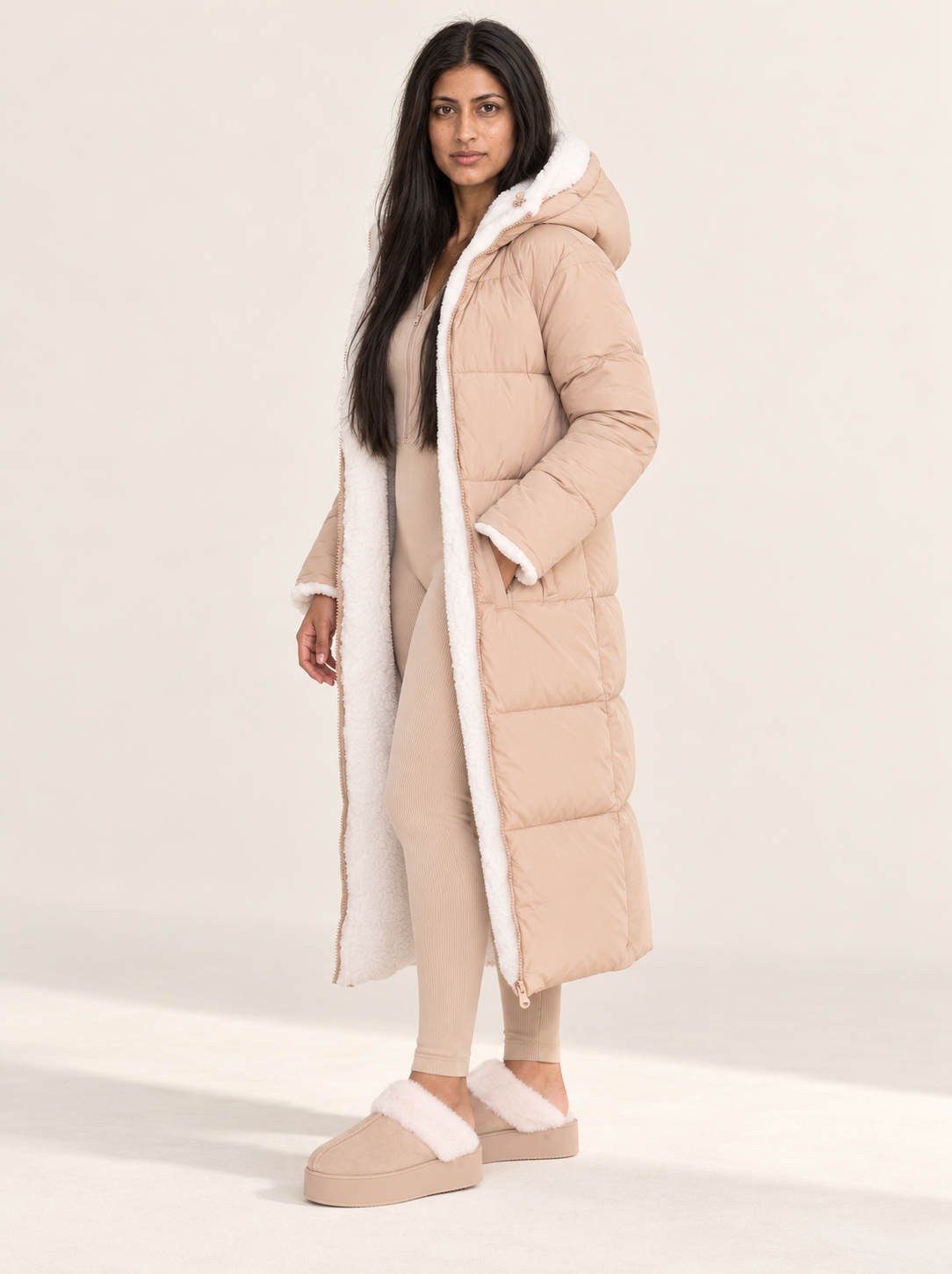 Maelle Reversible Puffer Coat | Women's Longline Hooded Winter Jacket