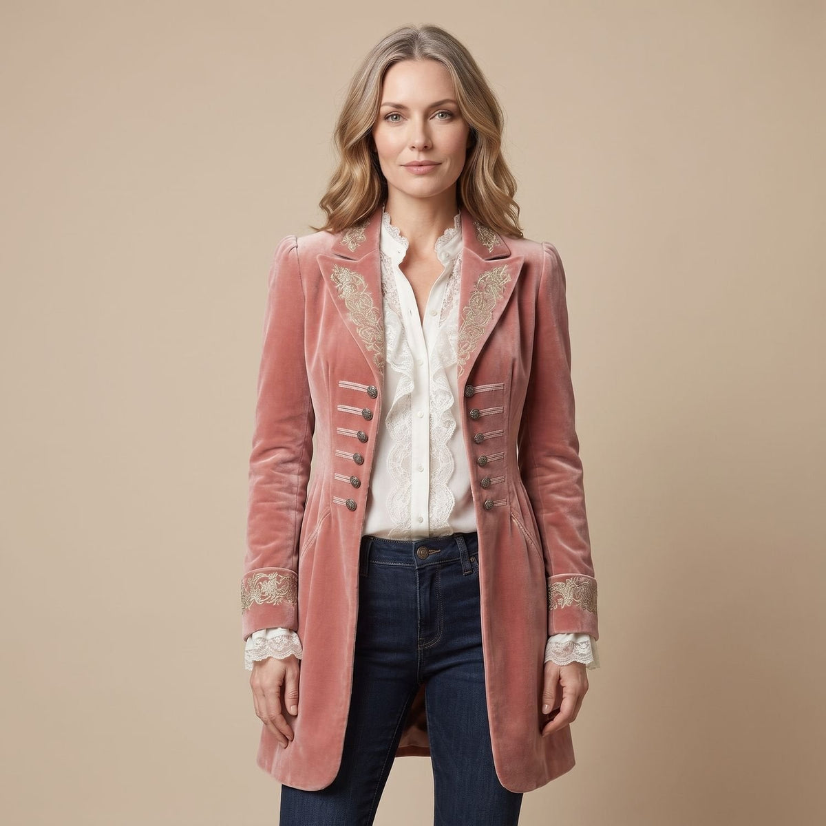 Katie Embroidered Long Coat in Pink