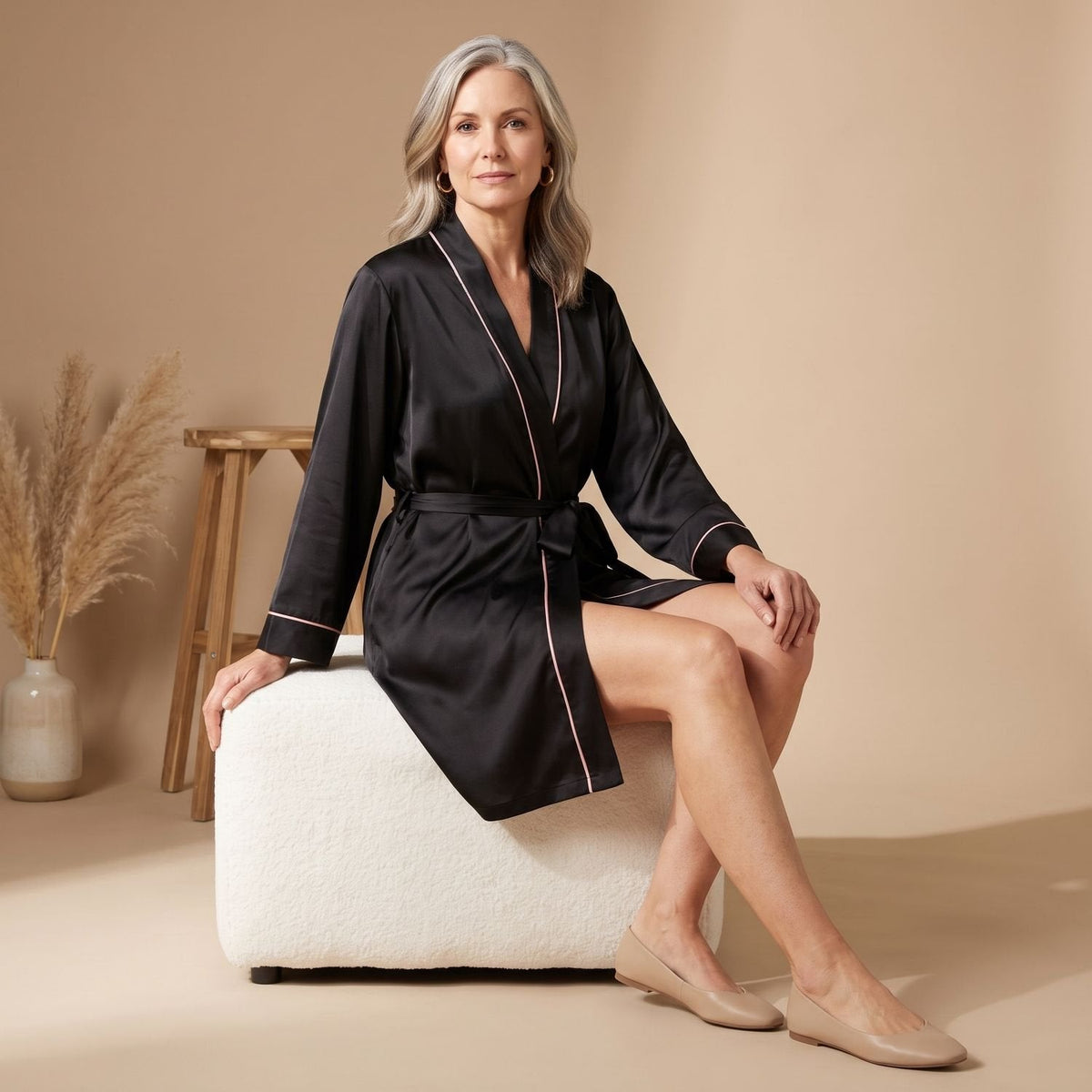 Roberta Belted Wrap Robe in Black