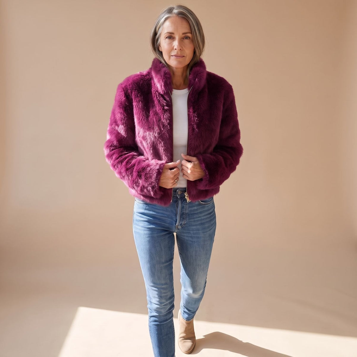Maureen Cropped Faux Fur Jacket in Purple