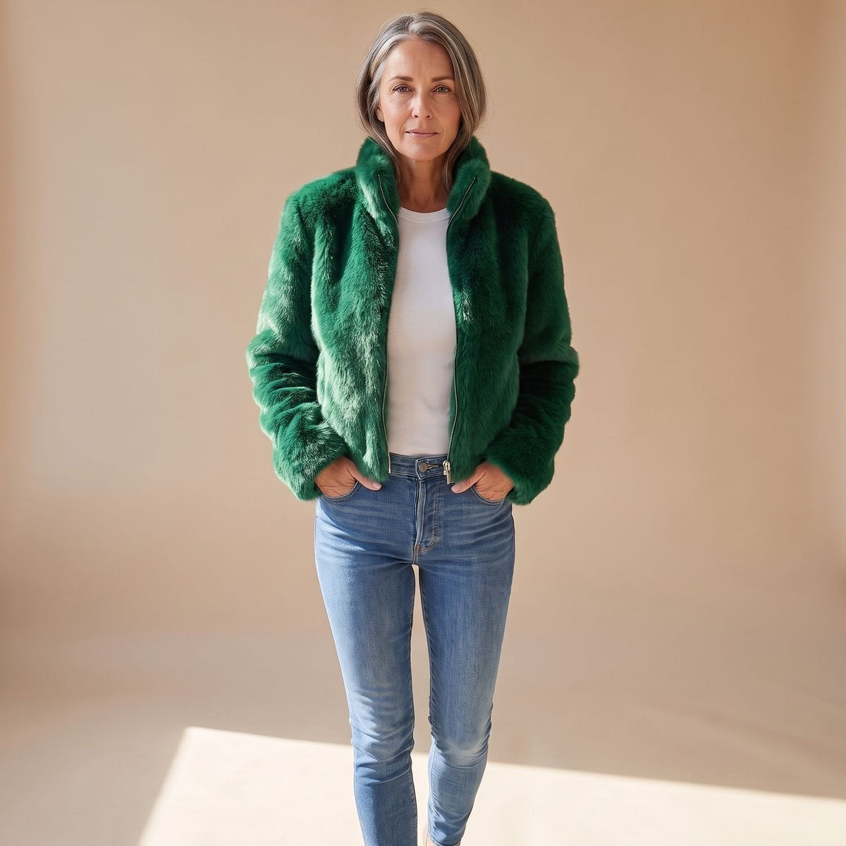 Maureen Cropped Faux Fur Jacket in Green
