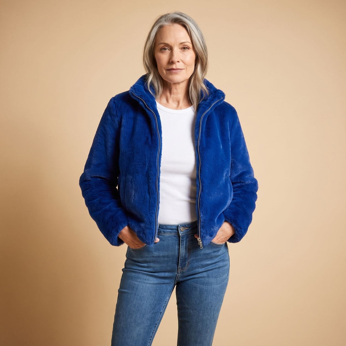 Maureen Cropped Faux Fur Jacket in Blue