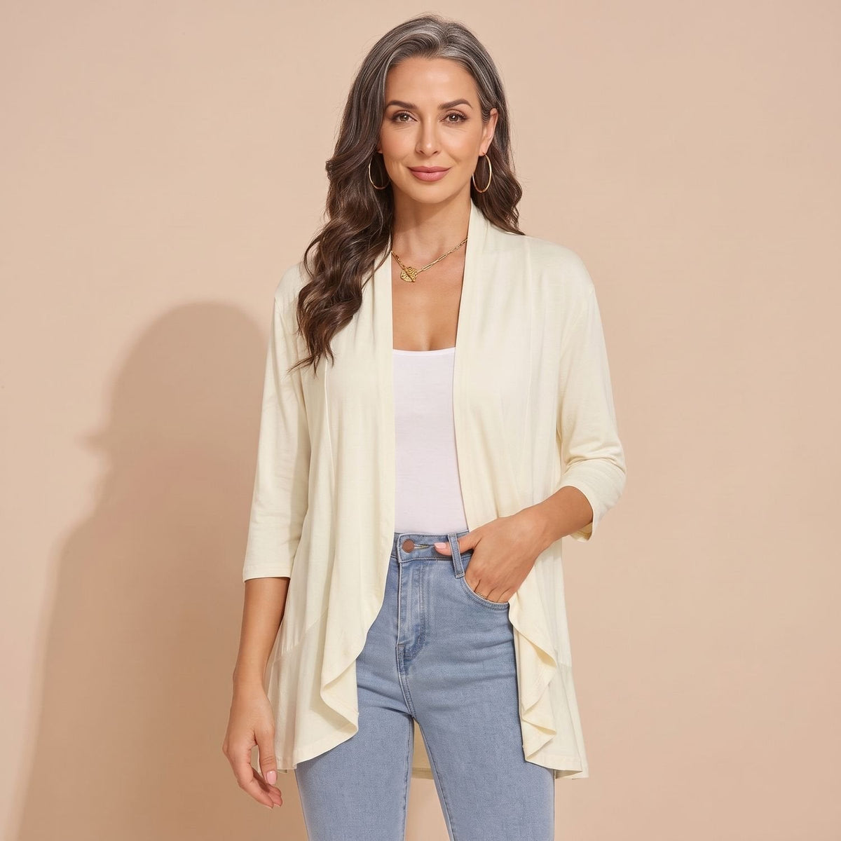 June Waterfall Cardigan in White Beige