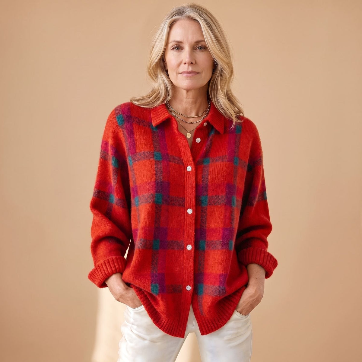 Renee Plaid Knit Cardigan in Red