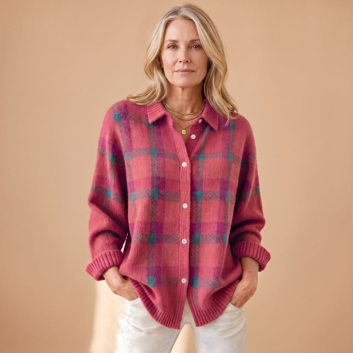 Renee Plaid Knit Cardigan in Pink