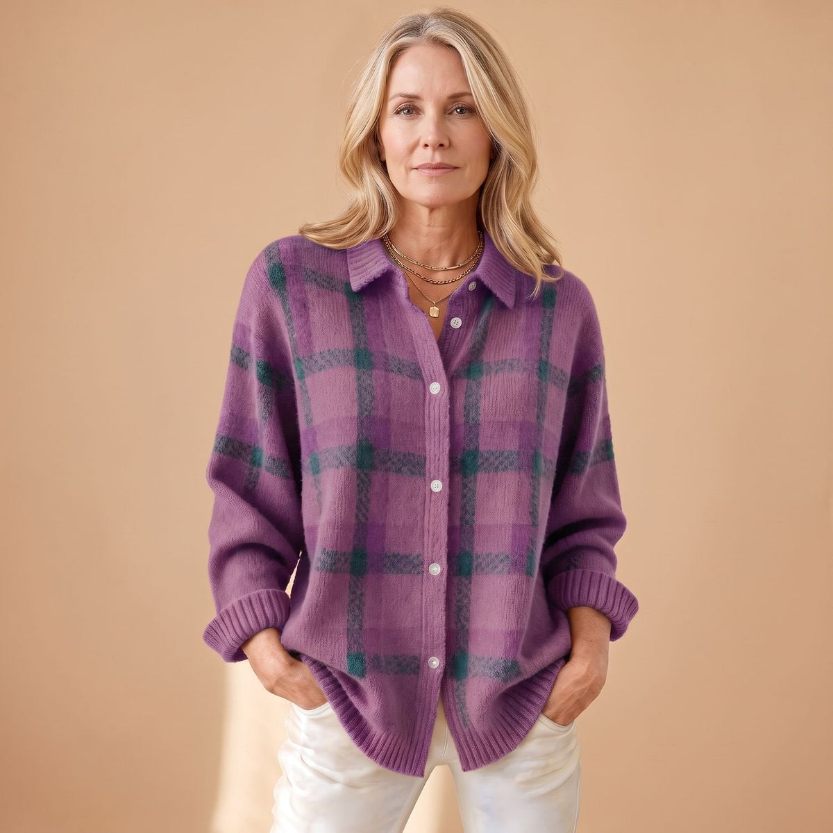 Renee Plaid Knit Cardigan in Purple