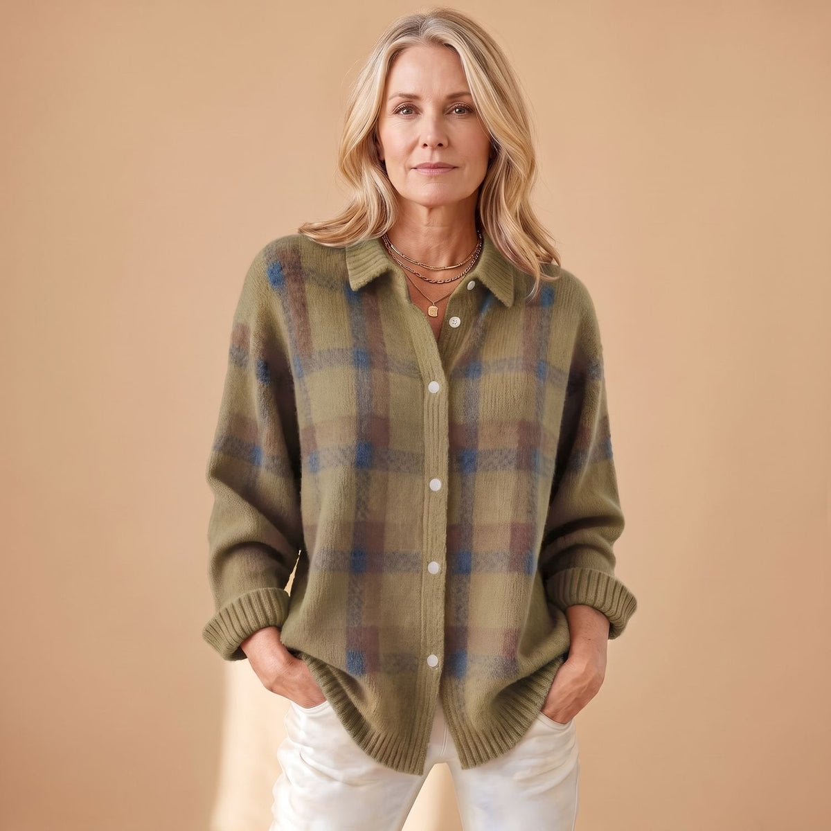 Renee Plaid Knit Cardigan in Brown