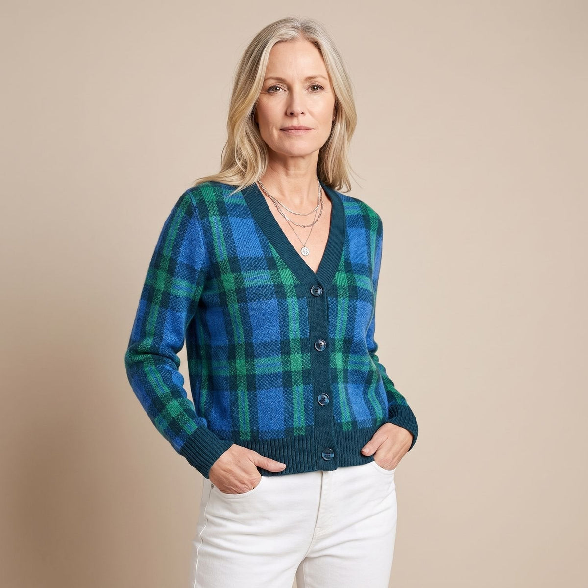 Renee Plaid Knit Cardigan in Blue