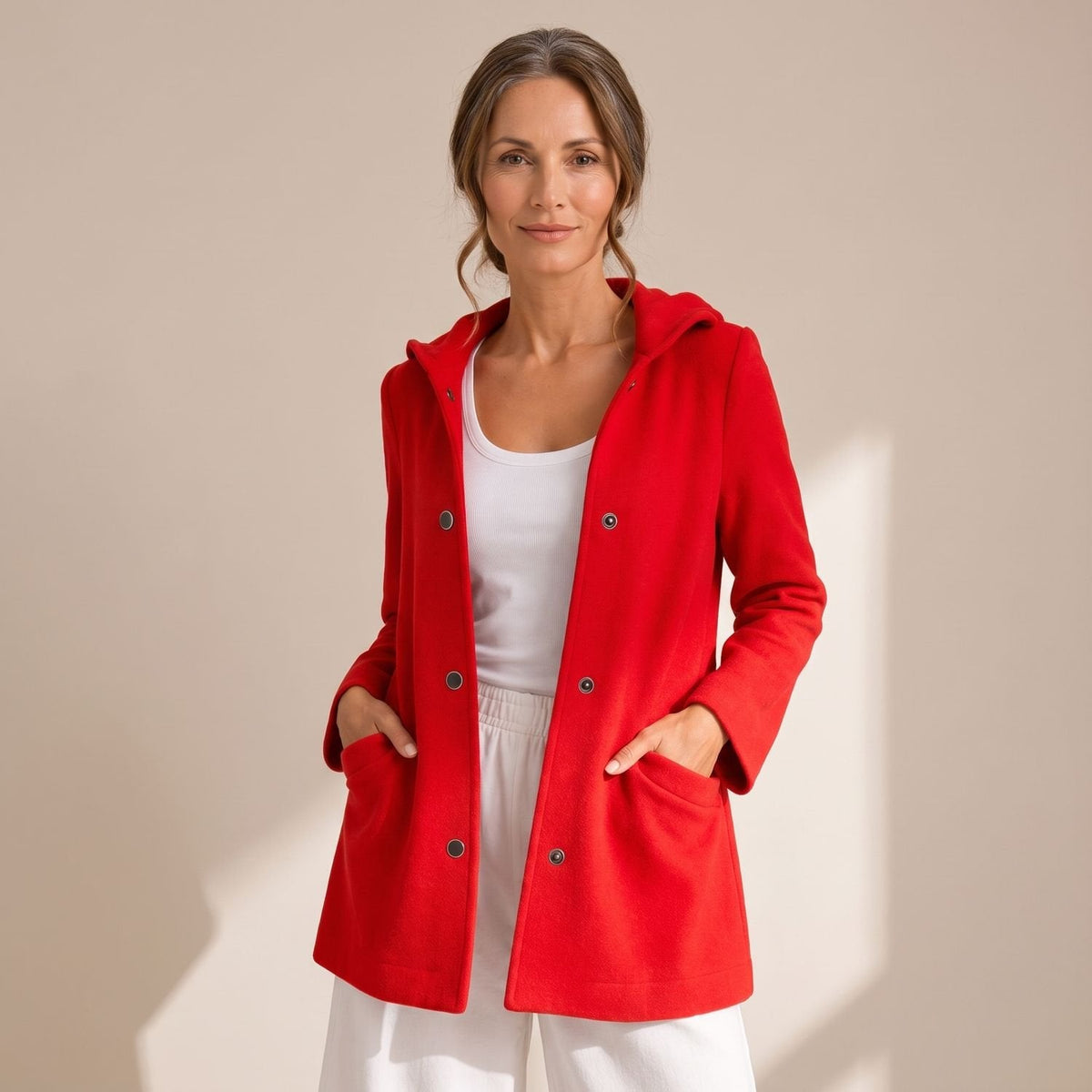 Marion Hooded Cardigan Coat in Red