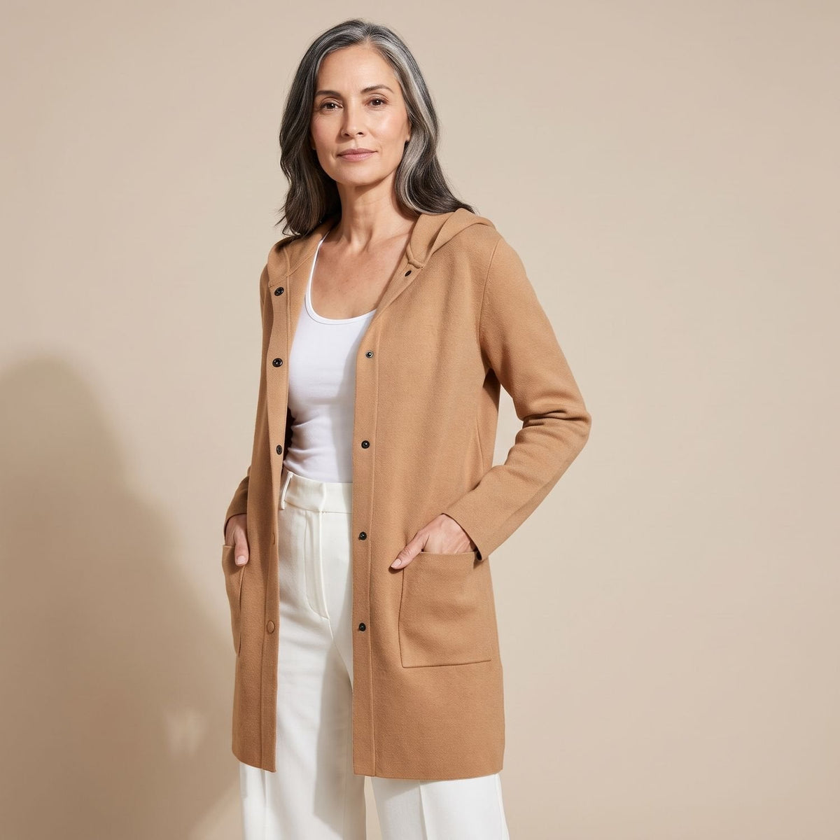 Marion Hooded Cardigan Coat in Beige