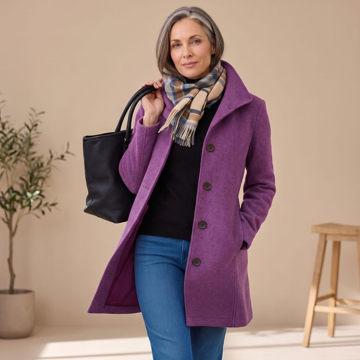 Jeanette Button-Front Coat in Purple