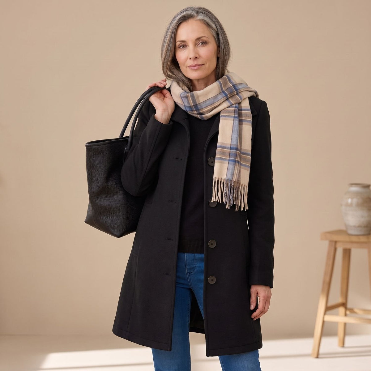 Jeanette Button-Front Coat in Black